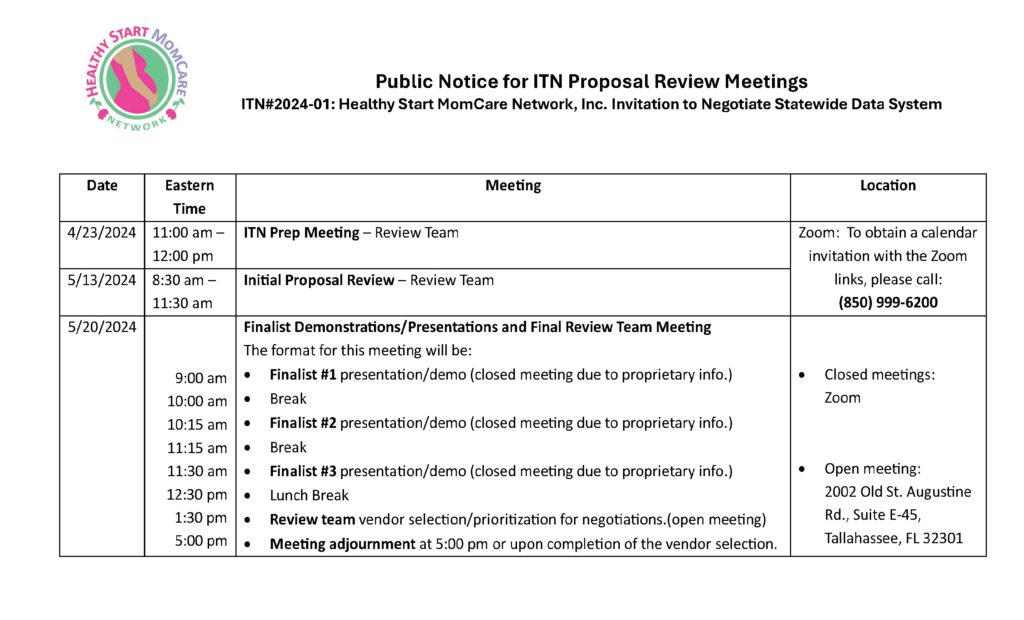 ITN#2024-01: Healthy Start MomCare Network, Inc. Invitation to Negotiate Statewide Data System Public Notice for ITN Proposal Review Meetings