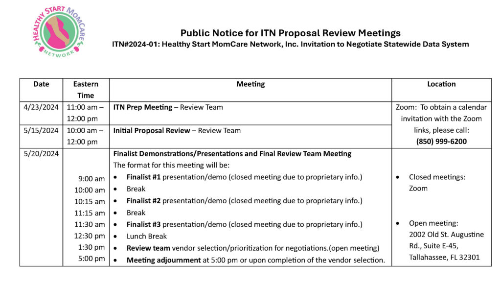 ITN#2024-01: Healthy Start MomCare Network, Inc. Invitation to Negotiate Statewide Data System Public Notice for ITN Proposal Review Meetings--UPDATED